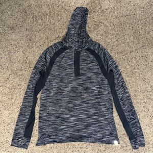 PRANA MENS HOODED 1/4 ZIP LIGHTWEIGHT PULLOVER / GREY STRIPES / SIZE LARGE